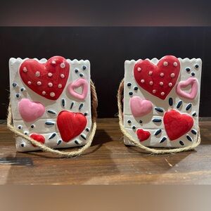 (2) Ceramic Red & Pink Heart Lunch Bag Style Vases for Valentine’s Day